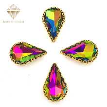 New arrive 8X13mm Rainbow teardrop sew on rhinestones gold base with hole glass crystal pear shape rhinestone Diy accessories 2024 - buy cheap