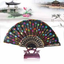 Abanico plegable de mano con forma de pavo real, accesorio de baile Vintage chino, bordado, con lentejuelas, para fiesta, boda y graduación 2024 - compra barato