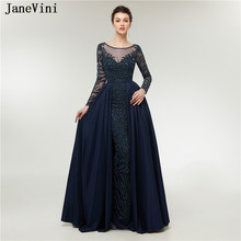 JaneVini 2018 Luxurious Beaded Crystal Satin Bridesmaid Dresses with Train Scoop Neck Sheer Back Mermaid Long Sleeves Prom Gowns 2024 - buy cheap