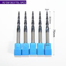 Free shipping-5PCS,R1.0*D6*30.5*75L,HRC55 Tungsten solid carbide TiALN Coated Taper Ball Nose End Mills,taper and cone Bits,wood 2024 - buy cheap