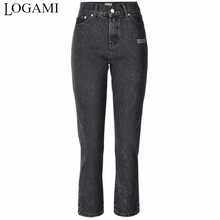 Logami calça jeans feminina cintura alta estampa letras, primavera verão casual cinza 2024 - compre barato