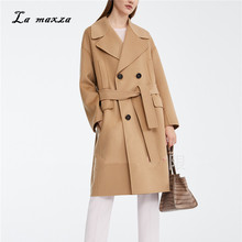 Женское длинное шерстяное пальто, теплое винтажное пальто в Корейском стиле верблюжьего цвета, двубортное, зима 2020 2024 - купить недорого