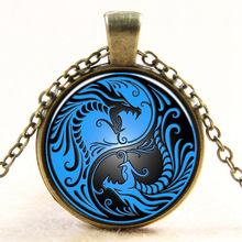 Colar vintage de vidro feminino, colar vintage azul de dragão, fênix, yin, tai chi, feito à mão 2024 - compre barato