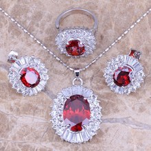 Red Garnet White CZ Silver Plated Jewelry Sets Earrings Pendant Ring Size 6 / 7 / 8 / 9 / 10 S0035 2024 - buy cheap