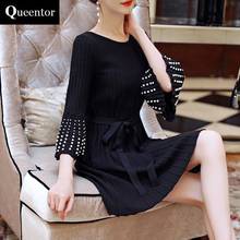 Original Knitted Dress Female 2017 Autumn Winter Beading Flare Sleeve Slim Elegant Casual Sweater Dresses Women Wholesale 2024 - buy cheap