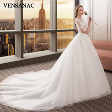 VENSANAC Crystal Boat Neck Sequined Ball Gown Wedding Dresses Lace Appliques Illusion Short Sleeve Bridal Gowns 2024 - buy cheap