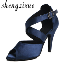WUXIJIAO new brand latin dance shoes dark blue satin women's high heel 10cm soft outsole 2024 - buy cheap