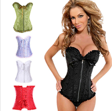 Black Red White Sexy Corset Women Boned Corselet Embroidered Lace Up Bustiers Zipper on Front Overbust Shaper + G string S-2XL 2024 - buy cheap