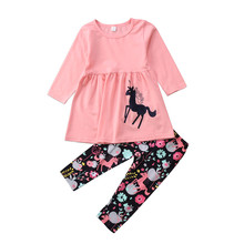 Conjunto de roupas com 2 peças para meninas, roupas fofas de unicórnio para crianças pequenas, camisetas de manga longa + calças florais 2024 - compre barato
