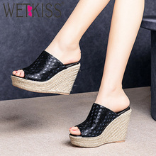 WETKISS Summer New Slides Women Emboss Leather Slippers Woman Wedges High Heels Shoes Female Straw Weave Platform Mules Shoes 2024 - buy cheap