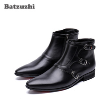 Batzuzhi botas masculinas de couro legítimo, botas feitas à mão para homens, sapato ponteagudo preto de outono e inverno para homens 2024 - compre barato