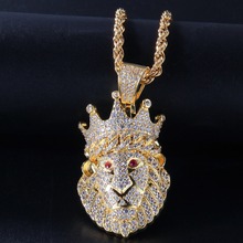 Hip Hop AAA CZ Zircon Paved Bling Iced Out Crown Lion Animal Pendants Necklace for Men Rapper Jewelry Gold Color Drop Shipping 2024 - buy cheap