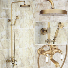 Vintage Retro Antique Brass Dual Ceramic Handles Bathroom 8 Inch Round Rain Shower Faucet Set Tub Mixer Tap Hand Shower mrs148 2024 - buy cheap