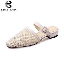 BONJOMARISA New Big Szie 33-42 Genuine Leather Weave Ladies Low Heels Hollow Shoes Woman Casual Outside Summer women's Slippers 2024 - buy cheap