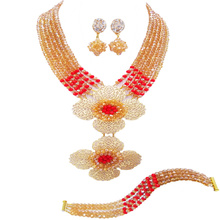 Fashion Gold AB Opaque Red Nigerian Wedding African Beads Jewelry Set Crystal Beaded Necklace Bridal Party Jewelry Sets 6DHJZ004 2024 - buy cheap