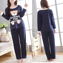 Women Long Sleeve Bear Print Tops And Pants Wave Point Pajamas Set Sleepwear 2024 - buy cheap