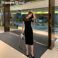 Женское вечернее платье средней длины в Корейском стиле, однотонное черное платье с коротким рукавом, Сетчатое платье в стиле пэчворк, летнее платье, 2019 2024 - купить недорого