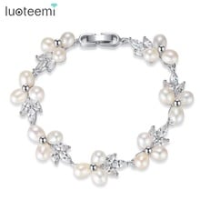 LUOTEEMI-joyería elegante de perlas naturales para mujer, cadena de eslabones, accesorios de boda de cristal CZ, pulseras y brazaletes encantadores 2024 - compra barato