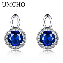 UMCHO Pure 925 Sterling Silver Stud Earrings For Women Blue Sapphire Gemstone Round Earrings for Women Fine Jewelry New Brand 2024 - buy cheap