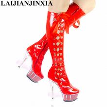 LAIJIANJINXIA New Fashion sexy 6 inch high heel Knee-High boots clear Platform women's motorcycle boots 15cm pole dancing boots 2024 - buy cheap