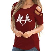 2022 Fashion New Beautiful Butterfly Heart Print Bandage Off Shoulder T-Shirt For Women T-Shirt Women Tops Femme Tumblr 2024 - buy cheap