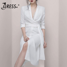 INDRESSME 2019 New Plunge V Neck Long Sleeves Sashes Slit Sexy Party Dress White Button Closure Women Fashion 2024 - buy cheap