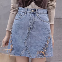 High Waist Denim Skirt 2018 A line Midi Denim Skirts Lace Up Jupe Femme Casual Above Knee Length Jeans Skirt Summer Denim Skirt 2024 - buy cheap