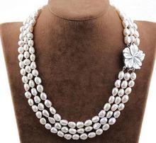 Multi Strad Necklace 3Rows Natural Pearl  High Quality Beaded Necklace With Shell Flower Clasp.Handmade Wedding Pearl Jewelry. 2024 - buy cheap