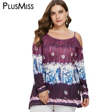 PlusMiss плюс Размеры 5XL-L, сексуальное платье с открытыми плечами и в богемном стиле с принтом топы Для женщин Свободные Блузка с длинными рукавами большой Размеры осенне-весенние Блузы 2024 - купить недорого