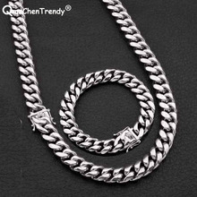 Fashion 12MM Hip hop Silver Mens Link Jewelry Sets Men Miami Cuban Chain Necklace Bracelet Stainless steel Dragon Clasp Lock 2024 - buy cheap
