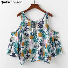 Qiukichonson Cold Shoulder Tops Ladies 2018 Summer Bohemian Style Pineapple Print Floral Blouse Kawaii Baby Doll Cropped Shirts 2024 - buy cheap