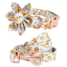 girl dog collar and leash set with flower for big and small dog cotton fabric collar rose gold metal buckle 2024 - compre barato