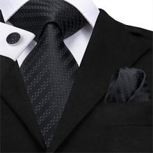 Hi-tie gravata masculina de seda preta listrada, com abotoaduras, fashion, gravata clássica para homens, de negócios, casamento, conjunto de gravata grande 2024 - compre barato