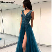 Stunning V-Neckline Beaded Lace High Slit Tulle Prom Long Elegant Dresses robe de soiree A-Line Formal Dress Evening Gown 2019 2024 - buy cheap