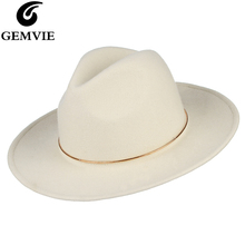 GEMVIE Brand 100% Wool White Felt Fedoras Hat For Women Metal Ring Jazz Cap Lady Wide Brim New Fashion Autumn Winter Panama Hat 2024 - buy cheap