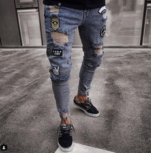Мужские стильные рваные джинсы, байкерские облегающие прямые потертые джинсовые брюки, новые модные обтягивающие джинсы, мужская одежда 2024 - купить недорого
