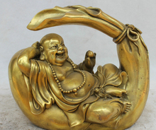 USPS to USA S2003 9" Chinese Buddhism Brass Wealth moneybag Happy Laugh Maitreya Buddha Statue 2024 - buy cheap