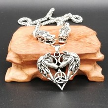 Antique Silver Dragon Head with Double Wolf Heart Shape Pendant Necklace Viking Wolf Toem Amulet Love Necklace 2024 - buy cheap