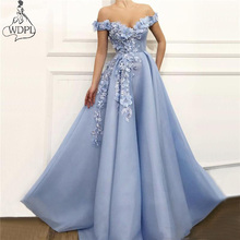 Light Sky Blue Off Shoulder Prom Dresses Handmade Flowers Pearls Sleeveless Party Evening Dress 2019 Robe de soiree Abendkleider 2024 - buy cheap