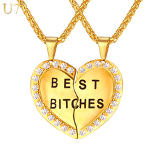 U7 New Women Couple Pendant Heart Necklace Gold Color Best Bitch Stainless Jewelry Necklace Girl Sister Two Necklace Gift P827 2024 - buy cheap