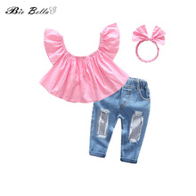 Kids Girls Clothes Set Pink Ruffles Sleeve Tops+Denim Pants+Headband 3pcs Suit Summer Outfits Fashion Girls Clothing 2024 - buy cheap
