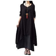 Women Ethnic Style Cotton Linen Long Sleeve Dresses Black Asymmetry Boho Long Maxi Dress Gypsy Baggy Beach Holiday Casual Dress 2024 - buy cheap