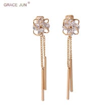 GRACE JUN 2018 Gold Color AAA Cubic Fashion Long Tassel Clip on Earrings for Women Fashion Bridal Wedding No Pierced Earrings 2024 - buy cheap