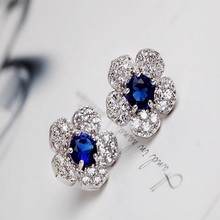Charming Blue Crystal Flower Full Zirconia Cz Crystal Leaves Stud Earrings For Women Girls Piercing Jewelry Flowers Earrings 2024 - buy cheap
