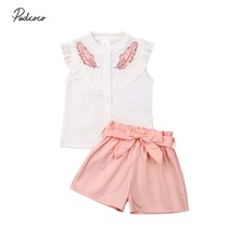 2019 Baby Summer Clothing 1-6Y Toddler Kids Baby Girl Clothes Button Feather Top Shirt Sash Short Bottoms Pants 2Pcs Outfits Set 2024 - buy cheap