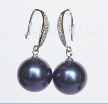 charming FREE Shipping >> new hot Dangle 14mm 925 silver navy blue south sea shell pearls Earrings 2024 - buy cheap