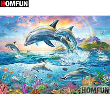 HOMFUN-pintura de diamante 5D DIY "delfines del océano", bordado de diamantes de imitación cuadrados/redondos, regalo de punto de Cruz, decoración del hogar, regalo, A09393 2024 - compra barato