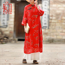 LZJN Red Floral Dress 2019 Summer Autumn 3/4 Sleeve Mandarin Collar Chinese Long Dress Cotton Cheongsam Qipao Vintage Robe Femme 2024 - buy cheap