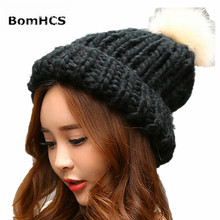 BomHCS Women's Fashion Winter Warm False Fur Pompom Beanie 100% Handmade Knitted Hat Cap 2024 - buy cheap