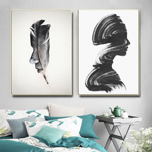 Hd Print Chinese Ink Canvas Painting Abstract Black and White Feather Woman Portrait Poster Wall Art Picture for Living Room 2024 - buy cheap